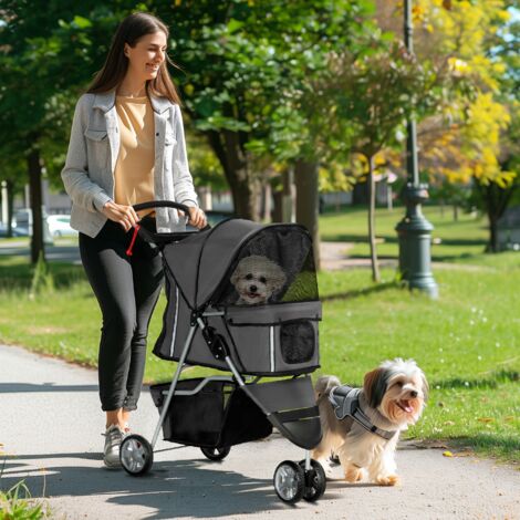 PawHut Pet Travel Stroller Cat Dog Pushchair Carrier Three Wheels for Small Dogs Dark Grey