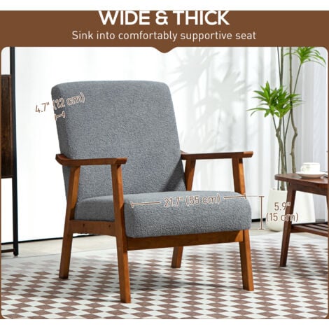 HOMCOM Boucle Accent Chair Armchair W/ Wide Seat for Living Room Bedroom, Grey