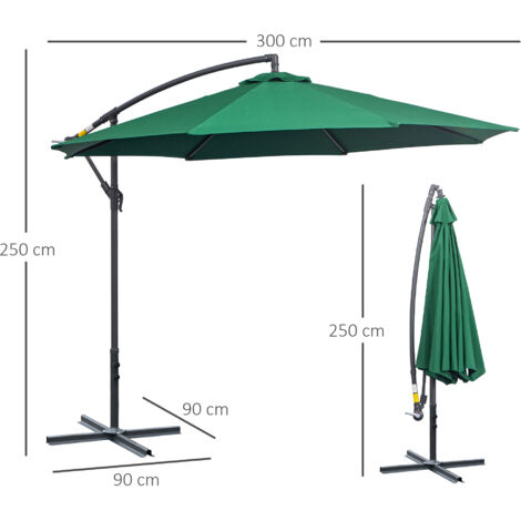 Outsunny 3(m) Cantilever Parasol Banana Umbrella w/ Crank & Tilt, Cross Base Green