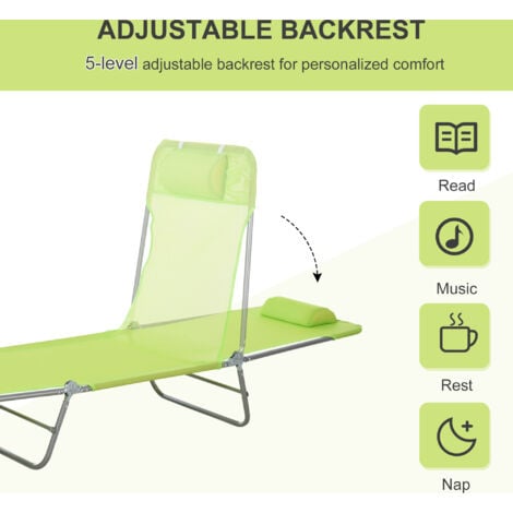 Outsunny Adjustable Sun Bed Garden Lounger Recliner Relaxing Camping Green