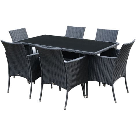 Outsunny Rattan Garden Furniture Dining 7 Pc Set Patio Rectangular Table 6 Arm Chairs Fire Ant - Home Cube 4 Seater Rattan Effect Patio Set Black 459