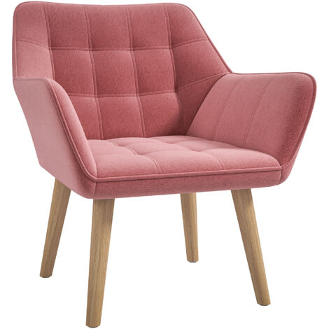 HOMCOM Velvet-Feel Accent Chair with Arms Slanted Back Wood Legs Pink (1/5)
