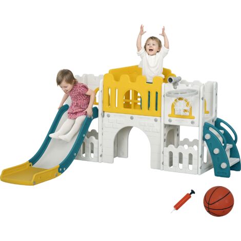 AIYAPLAY 7-in-1 Toddler Slide with Basketball Hoop, for 1-3 Years, Yellow