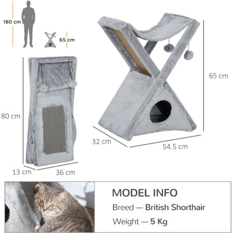 PawHut Two Tier Cat Tree for Indoor Cats Plush w/ Scratching Post Hammock Pom Poms Grey