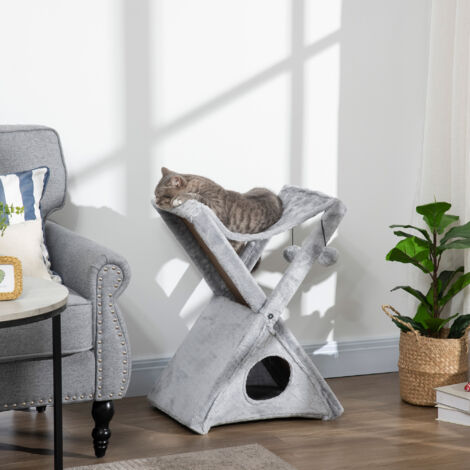 PawHut Two Tier Cat Tree for Indoor Cats Plush w/ Scratching Post Hammock Pom Poms Grey