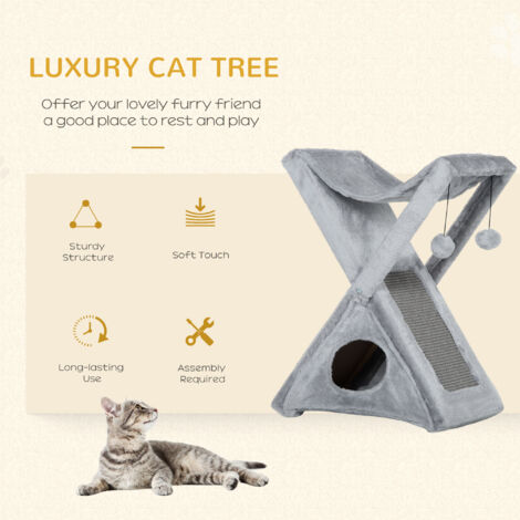 PawHut Two Tier Cat Tree for Indoor Cats Plush w/ Scratching Post Hammock Pom Poms Grey