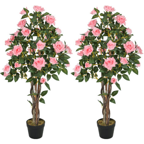 HOMCOM Set of 2 Decorative Artificial Plants Rose Trees in Pot, Pink