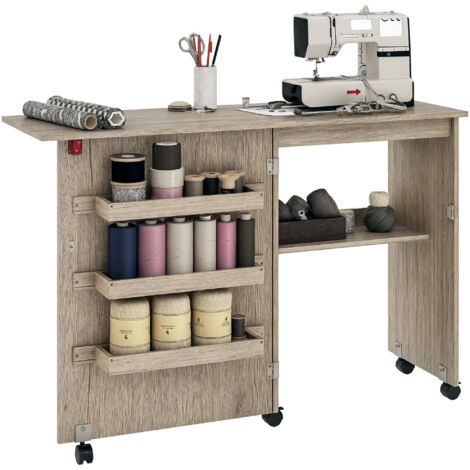 HOMCOM Folding Sewing Table Rolling Craft Table with Drop Leaf Wheels Grey (1/5)
