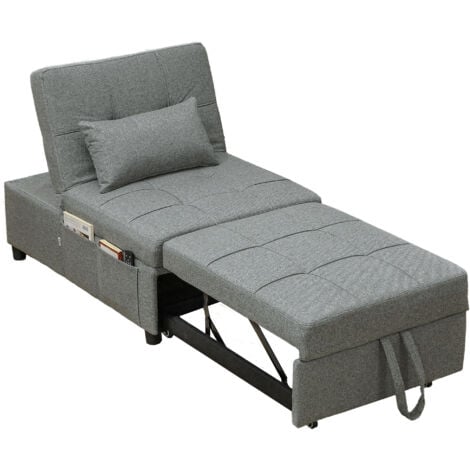 HOMCOM 4-in-1 Pull Out Sleeper Chair Bed with Pockets, Light Grey
