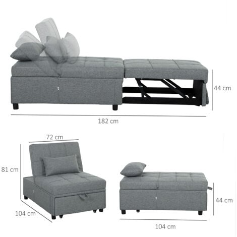 HOMCOM 4-in-1 Pull Out Sleeper Chair Bed with Pockets, Light Grey