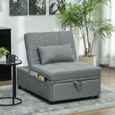 HOMCOM 4-in-1 Pull Out Sleeper Chair Bed with Pockets, Light Grey