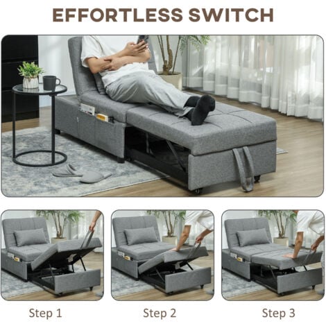 HOMCOM 4-in-1 Pull Out Sleeper Chair Bed with Pockets, Light Grey