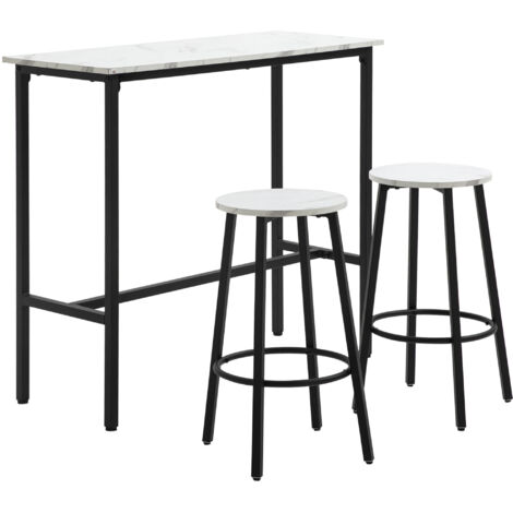 HOMCOM 3 Piece Bar Table Set for 2 with Stools Steel Frame Footrest White (1/5)