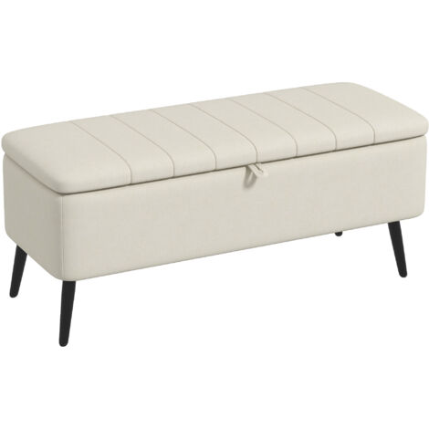 HOMCOM Storage Ottoman Bench, Linen Fabric Footstool with Steel Legs Cream White