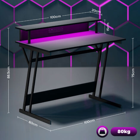 HOMCOM LED Gaming Desk with Power Outlets and Monitor Stand 100 x 60cm Black