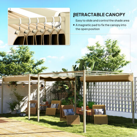 Outsunny 3 x 3(m) Garden Pergola with Retractable Roof, UPF30+, Khaki