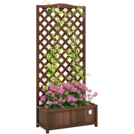 Outsunny Garden Wooden Planter Box with Trellis Flower Raised Bed Dark Brown