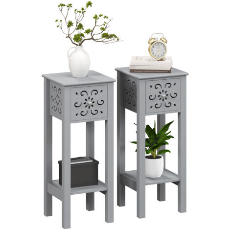 HOMCOM Bedside Table Set, End Table Set with Drawer and Storage Shelf, Grey (1/5)