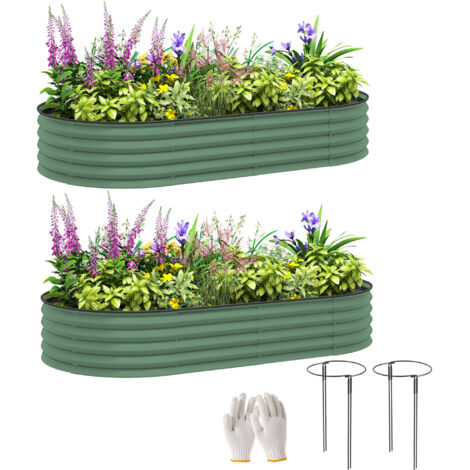 Outsunny Set of 2 Raised Beds for Garden with Metal Plant Stakes, Green (1/5)