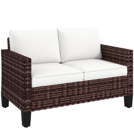Outsunny Rattan Sofa with Cushions, 2 Seater Garden Furniture, Brown