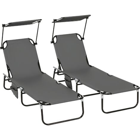Outsunny 2 Piece Folding Sun Loungers with Adjustable Backrest, Dark Grey (1/5)