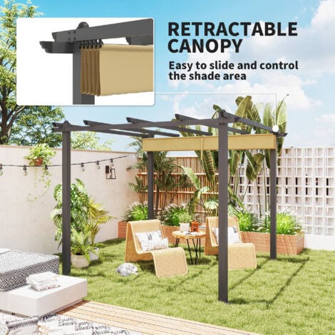 Outsunny 3 x 3(m) Aluminium Pergola with Retractable Roof, Garden Gazebo Khaki