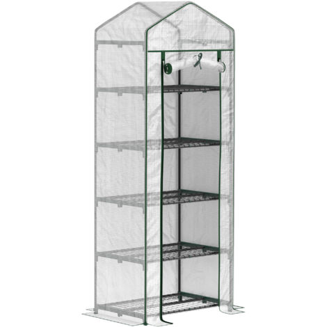Outsunny 5 Tier Mini Greenhouse Grow House w/ Roll Up Door, White/Green (1/5)