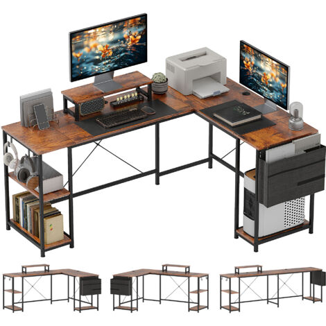 HOMCOM 168cm Reversible L Shaped Desk, 240cm Two Person Desk, Rustic Brown