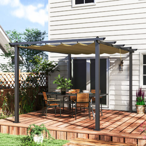 Outsunny 3 x 4m Aluminium Pergola with Retractable Roof, Garden Gazebo Khaki (1/5)