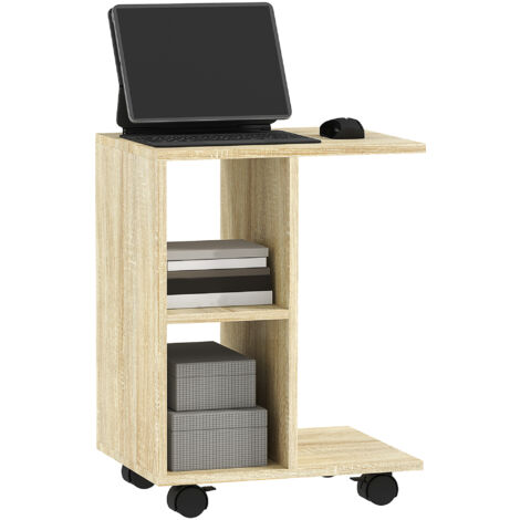 C-Shape End Table Unique Storage Unit w/ 2 Shelves 4 Wheels Home Office Natural