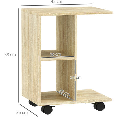 C-Shape End Table Unique Storage Unit w/ 2 Shelves 4 Wheels Home Office Natural