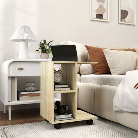 C-Shape End Table Unique Storage Unit w/ 2 Shelves 4 Wheels Home Office Natural