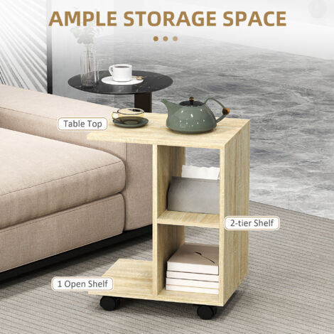 C-Shape End Table Unique Storage Unit w/ 2 Shelves 4 Wheels Home Office Natural