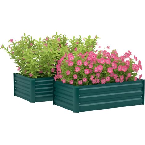 Outsunny Set of 2 Raised Garden Bed Galvanised Planter Box, Green