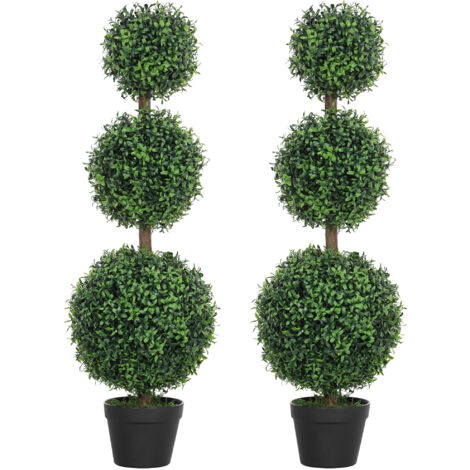 HOMCOM Set of 2 Decorative Artificial Plants Boxwood Trees in Pot, Green