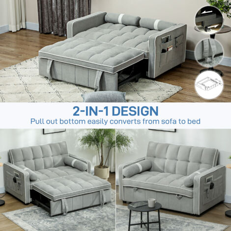 HOMCOM 2 Seater Pull Out Sofa Bed with Adjustable Backrest, Light Grey