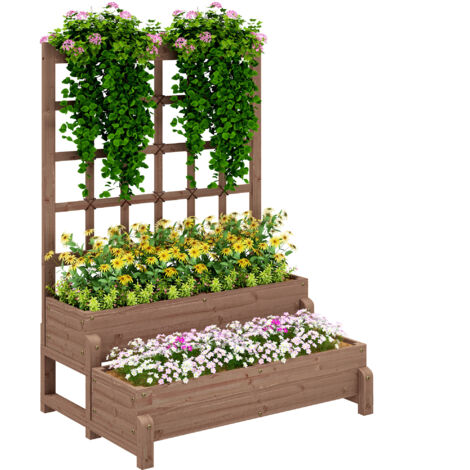 Outsunny 2-Tier Wooden Raised Bed with Trellis and Drainage Holes, Brown (1/5)