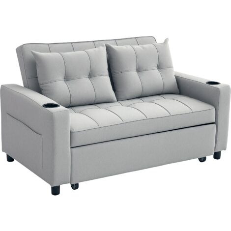 HOMCOM 2 Seater Pull Out Sofa Bed with Pockets for Living Room Light Grey