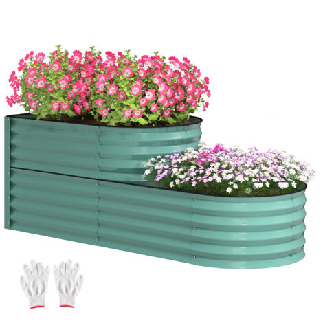 Outsunny 2-Tier Galvanised Raised Garden Bed with Safety Edging, Dark Green