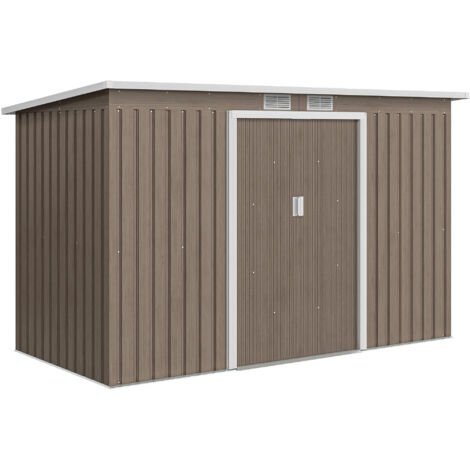 Outsunny 9 x 4FT Outdoor Metal Frame Garden Storage Shed w/ 2 Door Light Grey Wood Grain