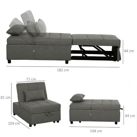 HOMCOM 4-in-1 Pull Out Sleeper Chair Bed with Pockets, Charcoal Grey