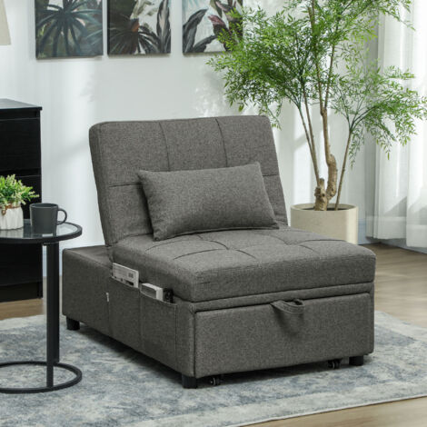 HOMCOM 4-in-1 Pull Out Sleeper Chair Bed with Pockets, Charcoal Grey
