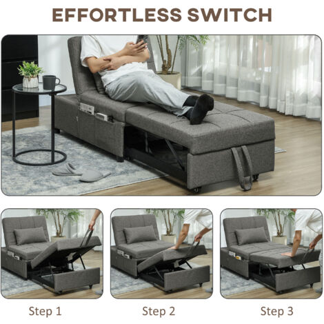 HOMCOM 4-in-1 Pull Out Sleeper Chair Bed with Pockets, Charcoal Grey