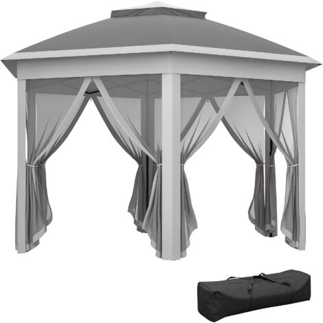 Outsunny 3x4m Hexagon Gazebo w/ Metal Frame Mesh Curtains Outdoor Garden Dark Grey