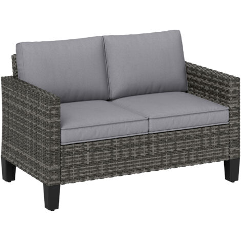 Outsunny Rattan Sofa with Cushions, 2 Seater Garden Furniture, Dark Grey (1/5)
