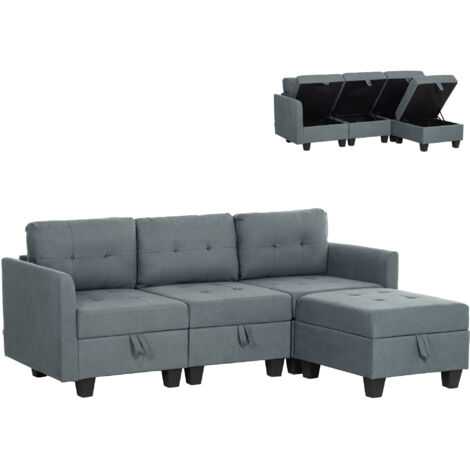 HOMCOM Convertible Modular Sectional Sofa w/ Storage Wood Frame Dark Grey