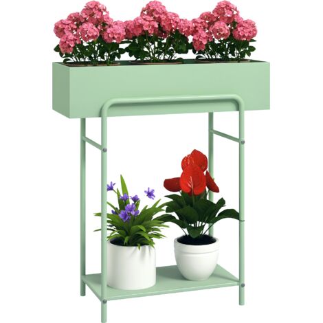 Outsunny 2 Tier Plant Stand, Metal Plant Rack with Drain Holes, Green (1/5)