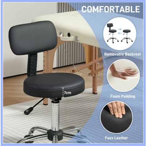 HOMCOM Rolling Stool with Backrest, Wheels, Faux Leather Salon Chair, Black