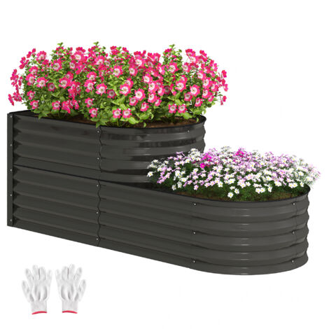 Outsunny 2-Tier Galvanised Raised Garden Bed with Safety Edging, Dark Grey (1/5)