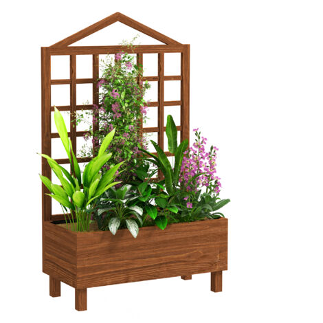 Outsunny Wooden Garden Planters with Trellis for Vine Climbing Plants Brown (1/5)